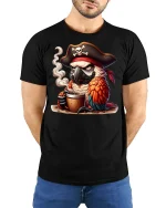 Pirate Parrot Coffee Mug T-Shirt - model with hands behind back, wearing Black T-shirt and blue jeans