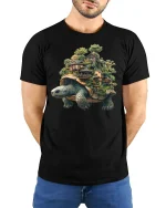 Turtle Village Fantasy World Nature T-Shirt - model with hands behind back, wearing Black T-shirt and blue jeans