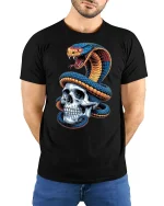 Venomous Snake Skull Dark Gothic T-Shirt - model with hands behind back, wearing Black T-shirt and blue jeans