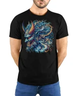 Oni Demon Fire Wave Japanese Art T-Shirt - model with hands behind back, wearing Black T-shirt and blue jeans