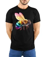 Rainbow Bee Colorful Wings T-Shirt - model with hands behind back, wearing Black T-shirt and blue jeans