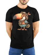 Steampunk Toucan Pilot Bird T-Shirt - model with hands behind back, wearing Black T-shirt and blue jeans