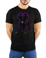 Neon Cerberus Three Headed Dog T-Shirt - model with hands behind back, wearing Black T-shirt and blue jeans
