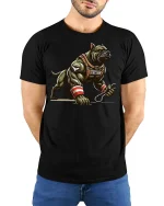 Strong Pitbull Warrior Dog Gym T-Shirt - model with hands behind back, wearing Black T-shirt and blue jeans