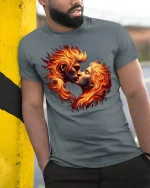 Fiery Lovers Kiss Passion Flame T-Shirt - model leaning on yellow-black pole, wearing Gray T-shirt, hand in pocket