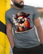 Pirate Parrot Coffee Mug T-Shirt - model leaning on yellow-black pole, wearing Gray T-shirt, hand in pocket
