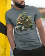 Turtle Village Fantasy World Nature T-Shirt - model leaning on yellow-black pole, wearing Gray T-shirt, hand in pocket