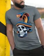 Venomous Snake Skull Dark Gothic T-Shirt - model leaning on yellow-black pole, wearing Gray T-shirt, hand in pocket