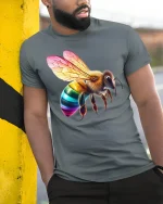 Rainbow Bee Colorful Wings T-Shirt - model leaning on yellow-black pole, wearing Gray T-shirt, hand in pocket