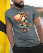 Steampunk Toucan Pilot Bird T-Shirt - model leaning on yellow-black pole, wearing Gray T-shirt, hand in pocket