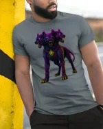 Neon Cerberus Three Headed Dog T-Shirt - model leaning on yellow-black pole, wearing Gray T-shirt, hand in pocket