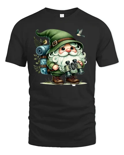 Cute Hiking Gnome Nature T-shirt - black t-shirt on white background