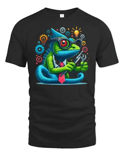 Smart Geek Chameleon with Tools Tee - black t-shirt on white background