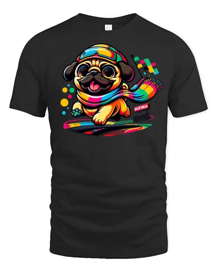 Colorful Racing Pug Tee - black t-shirt on white background