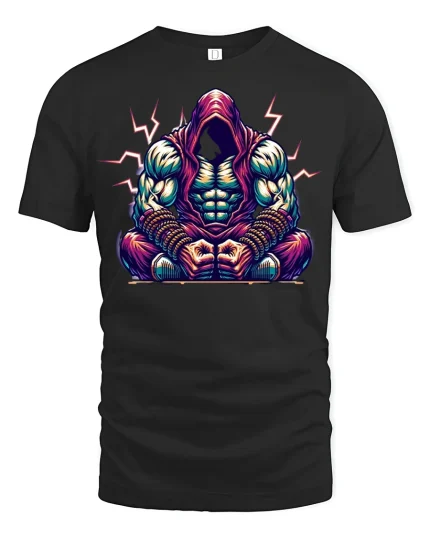 Hooded Warrior Muscle Power Tee - black t-shirt on white background