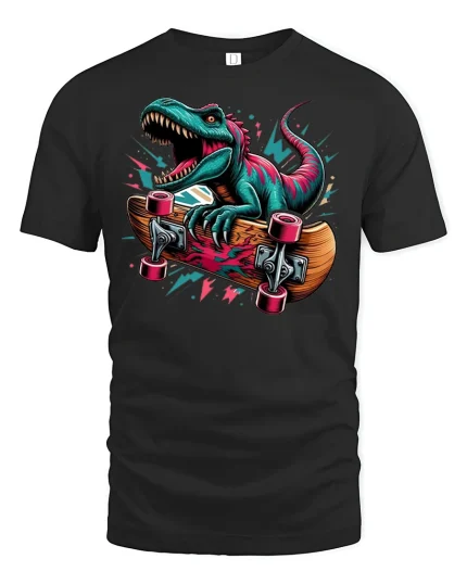 Skater Dinosaur Graphic T-Shirt - black t-shirt on white background