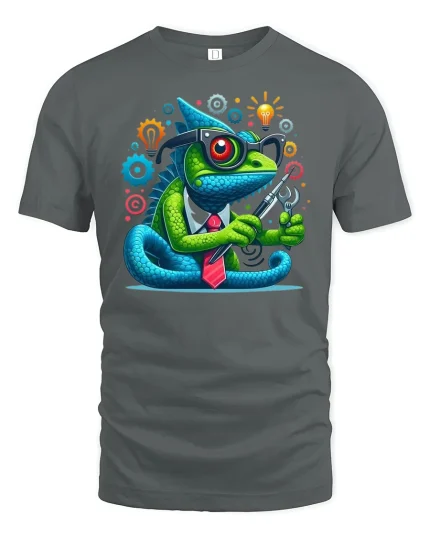 Smart Geek Chameleon with Tools Tee - gray t-shirt on white background