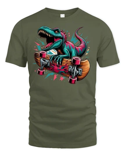 Skater Dinosaur Graphic T-Shirt - military green t-shirt on white background