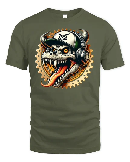 Dragon Skull DJ Style T-Shirt - military green t-shirt on white background