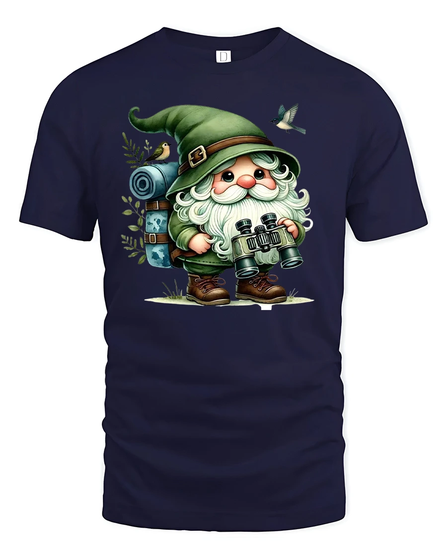 Cute Hiking Gnome Nature T-shirt - 1 Cute Hiking Gnome Nature T-shirt - navy t-shirt on white background