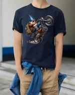 Funny Biker Gnome Tee - model wearing Navy T-shirt, hands in pockets, denim shirt at waist