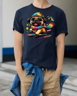 Colorful Racing Pug Tee - model wearing Navy T-shirt, hands in pockets, denim shirt at waist