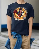 Fiery Rock Devil Guitarist T-shirt - model wearing Navy T-shirt, hands in pockets, denim shirt at waist