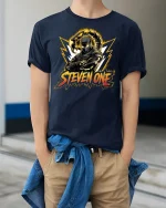 Scorpion Ninja Warrior Steven One Tee - model wearing Navy T-shirt, hands in pockets, denim shirt at waist