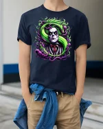 Creepy Gothic Villain T-shirt - model wearing Navy T-shirt, hands in pockets, denim shirt at waist