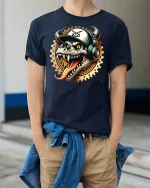 Dragon Skull DJ Style T-Shirt - model wearing Navy T-shirt, hands in pockets, denim shirt at waist