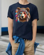 Tribal Bear Warrior T-Shirt - model wearing Navy T-shirt, hands in pockets, denim shirt at waist
