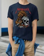 Savage Bear and Skull Heavy Metal Tee - model wearing Navy T-shirt, hands in pockets, denim shirt at waist