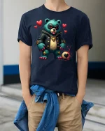 Badass Punk Love Bear Tee - model wearing Navy T-shirt, hands in pockets, denim shirt at waist