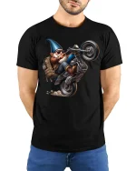 Funny Biker Gnome Tee - model with hands behind back, wearing Black T-shirt and blue jeans