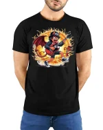 Fiery Rock Devil Guitarist T-shirt - model with hands behind back, wearing Black T-shirt and blue jeans