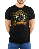 Scorpion Ninja Warrior Steven One Tee - model with hands behind back, wearing Black T-shirt and blue jeans