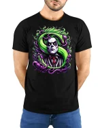 Creepy Gothic Villain T-shirt - model with hands behind back, wearing Black T-shirt and blue jeans