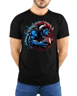 Savage Bull Football Tee - model with hands behind back, wearing Black T-shirt and blue jeans