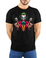 Villain Rage Clown Horror Tee - model with hands behind back, wearing Black T-shirt and blue jeans