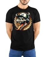 Dragon Skull DJ Style T-Shirt - model with hands behind back, wearing Black T-shirt and blue jeans