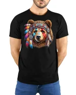 Tribal Bear Warrior T-Shirt - model with hands behind back, wearing Black T-shirt and blue jeans