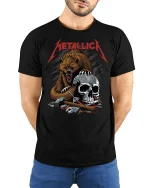 Savage Bear and Skull Heavy Metal Tee - model with hands behind back, wearing Black T-shirt and blue jeans