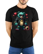 Badass Punk Love Bear Tee - model with hands behind back, wearing Black T-shirt and blue jeans