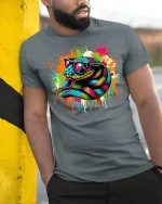 Street Style Snake Tee - model leaning on yellow-black pole, wearing Gray T-shirt, hand in pocket