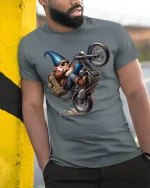 Funny Biker Gnome Tee - model leaning on yellow-black pole, wearing Gray T-shirt, hand in pocket