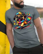 Colorful Racing Pug Tee - model leaning on yellow-black pole, wearing Gray T-shirt, hand in pocket