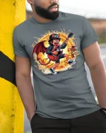 Fiery Rock Devil Guitarist T-shirt - model leaning on yellow-black pole, wearing Gray T-shirt, hand in pocket