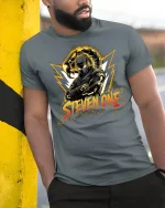 Scorpion Ninja Warrior Steven One Tee - model leaning on yellow-black pole, wearing Gray T-shirt, hand in pocket