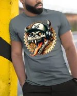 Dragon Skull DJ Style T-Shirt - model leaning on yellow-black pole, wearing Gray T-shirt, hand in pocket