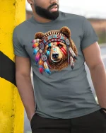 Tribal Bear Warrior T-Shirt - model leaning on yellow-black pole, wearing Gray T-shirt, hand in pocket
